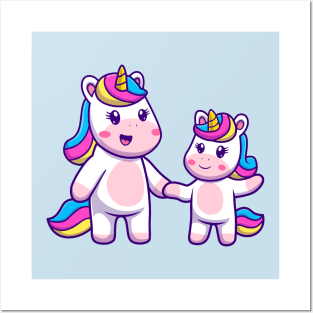 Cute Mom Unicorn With Baby Unicorn Cartoon Posters and Art